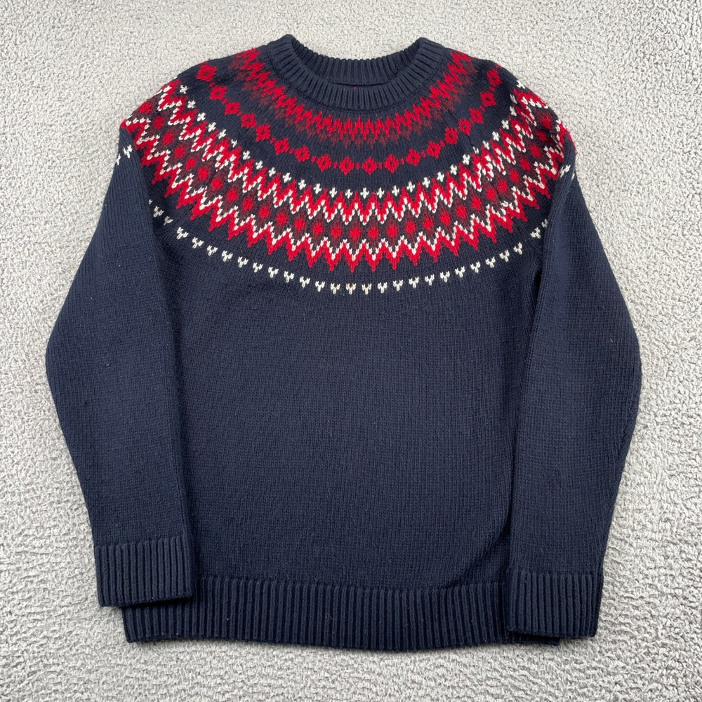 Abercrombie & Fitch Sweater Mens L Navy Blue Fair Isle Crewneck Wool Blend Knit